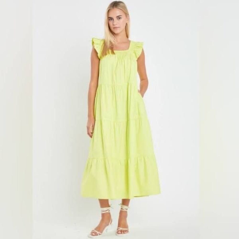 English Factory Women's Med Lime Green Tiered Ruffle Sleeve Cotton Maxi Dress